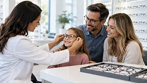 Optometrist fitting glasses on a smiling child with her parents nearby