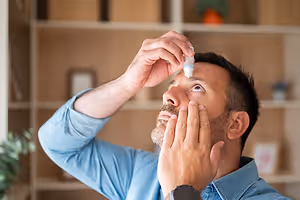 Man applying eye drops while looking upward