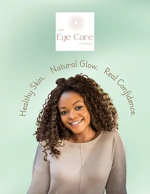 Smiling woman with curly hair beneath The Eye Care Studio logo and text reading "Healthy Skin. Natural Glow. Real Confidence."