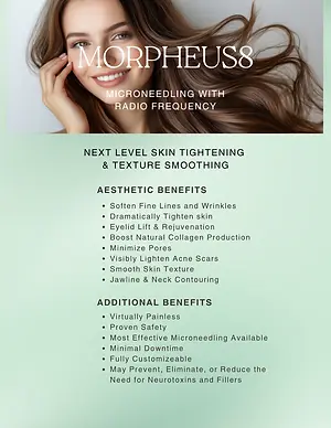Morpheus8 microneedling with radio frequency promotional graphic featuring a smiling woman and listed skin-tightening benefits