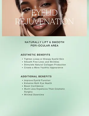 Promotional graphic for eyelid rejuvenation showing a smiling woman and listed aesthetic and functional benefits