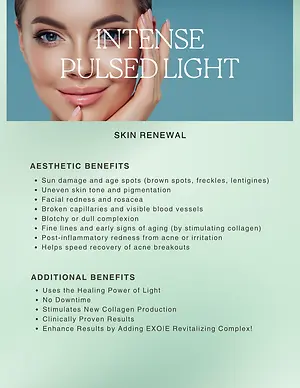 Promotional graphic for intense pulsed light skin renewal showing a woman's face and listed aesthetic benefits