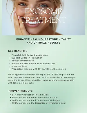 Exosome treatment information page with a smiling freckled woman and listed skin benefits and results