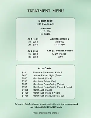 Treatment menu listing Morpheus8 with exosomes, add-on treatments, à la carte skin treatment prices, and payment disclaimers.