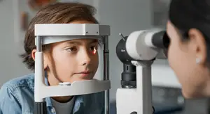 A young boy undergoing an eye examination with an optometrist using a specialized device