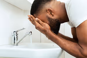 A man in a white shirt washes his face in a bathroom sink.