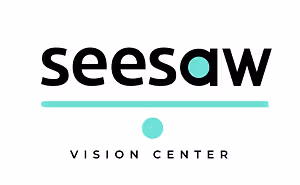 SEESAW Vision Center logo featuring the word SEESAW in black with a green dot inside the letter O and a teal bar beneath it