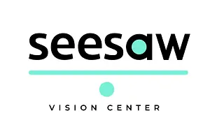 SEESAW Vision Center logo featuring the word SEESAW in black with a green dot inside the letter O and a teal bar beneath it