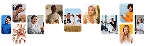 A collage of various smiling people in different settings
