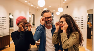 Three individuals are in an optical shop trying on glasses and smiling at the camera