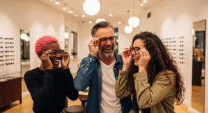 Three individuals are in an optical shop trying on glasses and smiling at the camera