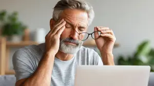 A man in a gray shirt holding a pair of glasses with his eyes closed and hand on his forehead looking at a laptop.