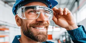 A man in a blue helmet and glasses is smiling while posing for a photo in an indoor area.