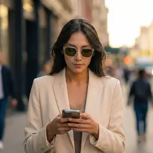 A woman wearing a blazer and sunglasses is looking at her phone on the street