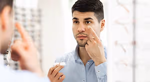 Man applying eye drops in front of a mirror