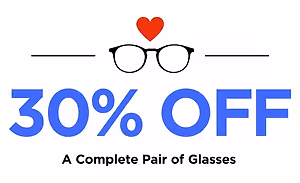 30% OFF A Complete Pair of Glasses with a red heart above glasses icon