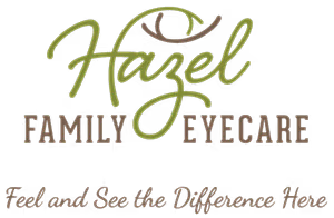 Hazel Family Eyecare logo with the text 'Feel and See the Difference Here' on a black background