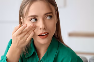 Woman holding a contact lens near her eye with a concerned expression.