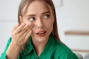 Woman holding a contact lens near her eye with a concerned expression.