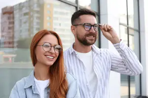 A man and a woman wearing glasses are smiling and posing for a photo in front of a building.