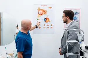 An eye doctor points to a diagram of an eye on the wall while a patient watches. The diagram is on a white wall and shows the different parts of the eye. Behind them is a mirror and an eye exam chair with an eye exam tool. The patient is wearing a blue shirt, and the doctor is wearing a gray suit and glasses.