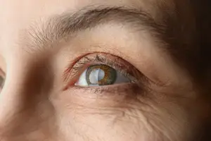 Close up of a woman's eye with wrinkles around it.