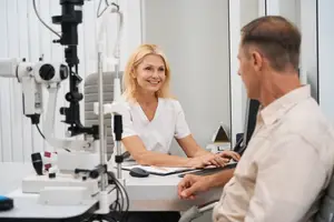 A woman optometrist is sitting at a desk with a patient, smiling and looking at a computer screen while the patient looks on.