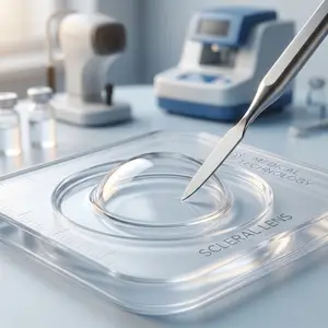 A close-up of a medical procedure involving a scleral lens, with various medical equipment and tools in the background, including a machine with a screen and a light.