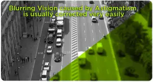 A cityscape with vehicles and pedestrians, illustrating the impact of astigmatism on vision clarity with a green overlay showing blurred vision.