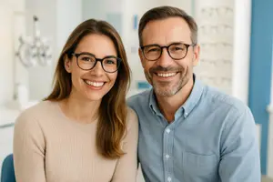 A man and woman are smiling for a picture in an optometrist's office