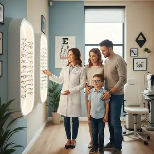A family in an optometrist's office, with the father and son looking at glasses, and the mother and daughter smiling.