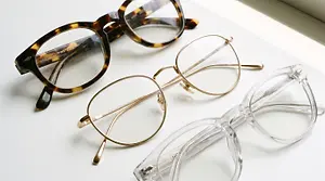 Three pairs of glasses on a white surface with a blurred background, one pair has a tortoise shell frame, and the other two have clear frames and gold accents.