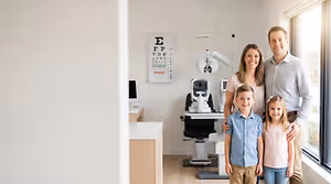 Family of four stands in front of an eye exam room in an optometrist's office