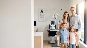 Family of four stands in front of an eye exam room in an optometrist's office