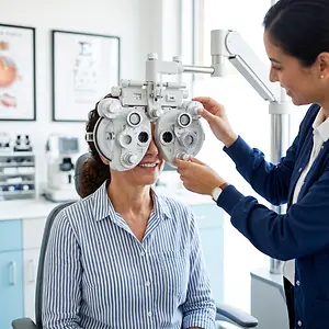 An eye doctor is adjusting an auto refractor for a patient to test their vision.