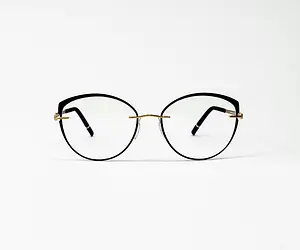 Close-up of black cat-eye glasses with gold hinges
