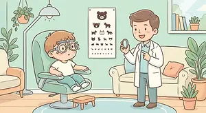 An illustration of a male doctor examining a young boy's vision at an optometrist's office