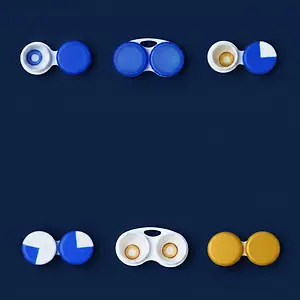 Six contact lens cases in different colors displayed on a blue background
