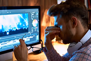 A person working on a computer in front of a monitor with a screen