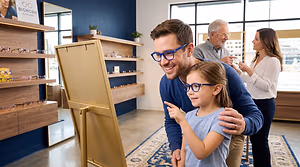 A family looks at eyeglass frames in an optical shop.