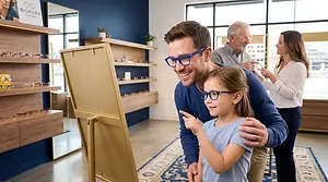 A family looks at eyeglass frames in an optical shop.