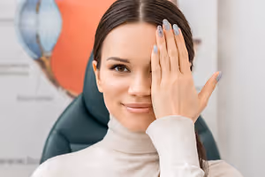Woman at an eye clinic with a hand on her face