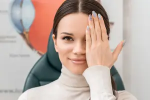 Woman at an eye clinic with a hand on her face