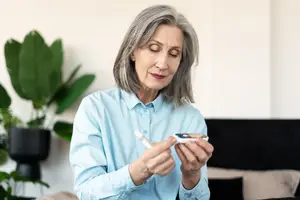 An elderly woman checking her blood sugar level using a glucometer.