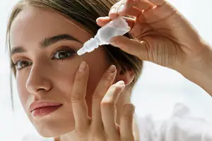 Woman applying eye drops with a bottle in her hand