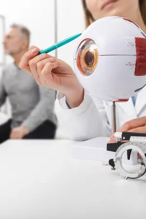 A woman in a lab coat is demonstrating the anatomy of an eye model to a man sitting at a desk.