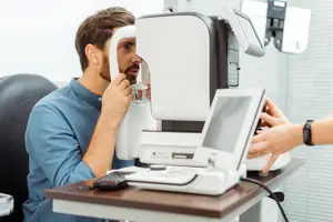 A man having his eyes examined by an optometrist using a modern eye exam machine