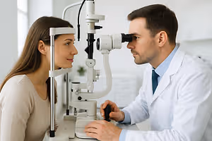 A woman has her eye examined by a male doctor in a white coat.