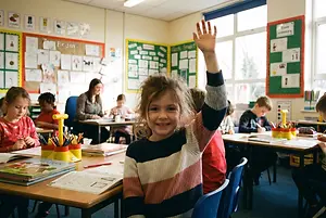 Children in a classroom with one girl raising her hand