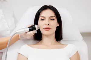 A woman is receiving a facial treatment in a salon with a person in a white shirt standing behind her